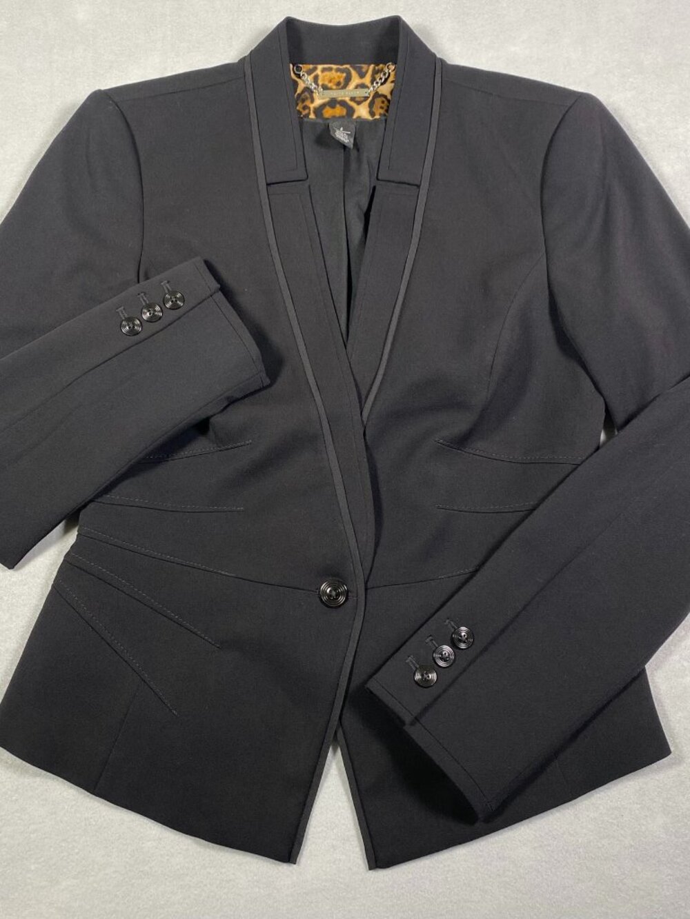 White House Black Market Black Peplum Blazer with Leopard Lining Womens Size 6 - Picture 1 of 14